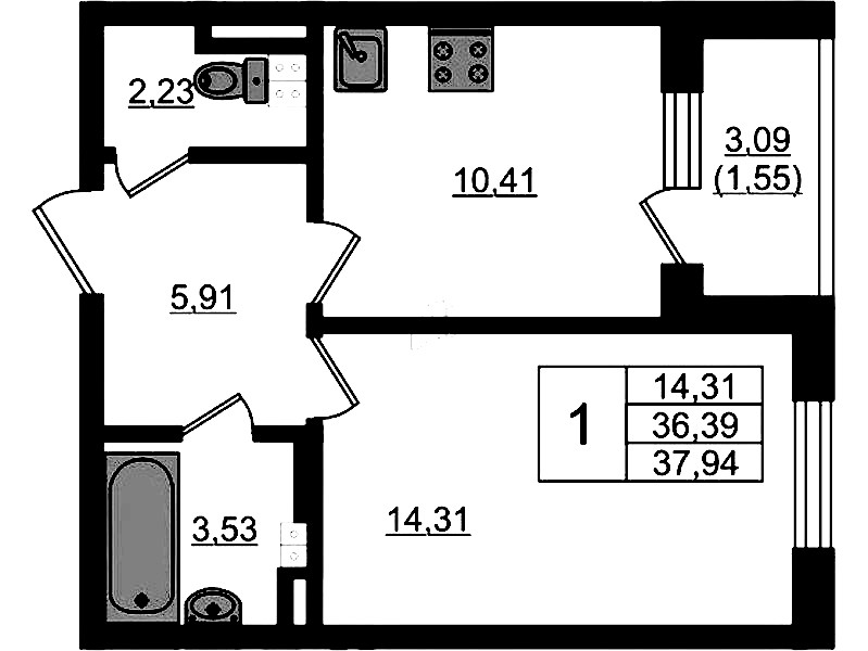 1-комнатная квартира 37.94 м², 3/4 эт., ЖК «Новая история»